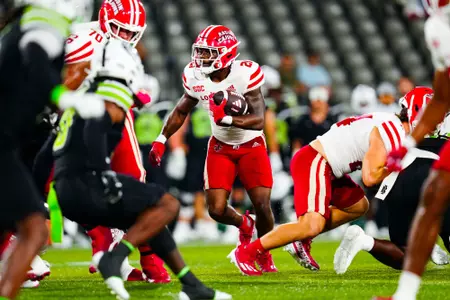 Zylan Perry runs the ball September 16, 2023 Louisiana vs University of Alabama Birmingham Football in Birmingham, AL at Protective Stadium. Final score Louisiana 41 UAB 21. Photo by Benjamin R. Massey/Ragin Cajun Athletics