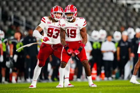 Cameron Whitfield celebrates a sack September 16, 2023 Louisiana vs University of Alabama Birmingham Football in Birmingham, AL at Protective Stadium. Final score Louisiana 41 UAB 21. Photo by Benjamin R. Massey/Ragin Cajun Athletics