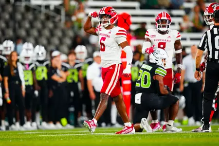 Kendre’ Gant celebrates a tackle and flexes September 16, 2023 Louisiana vs University of Alabama Birmingham Football in Birmingham, AL at Protective Stadium. Final score Louisiana 41 UAB 21. Photo by Benjamin R. Massey/Ragin Cajun Athletics