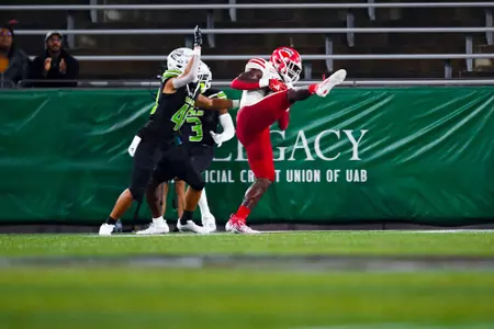 Tyler Guidry catches an interception September 16, 2023 Louisiana vs University of Alabama Birmingham Football in Birmingham, AL at Protective Stadium. Final score Louisiana 41 UAB 21. Photo by Benjamin R. Massey/Ragin Cajun Athletics