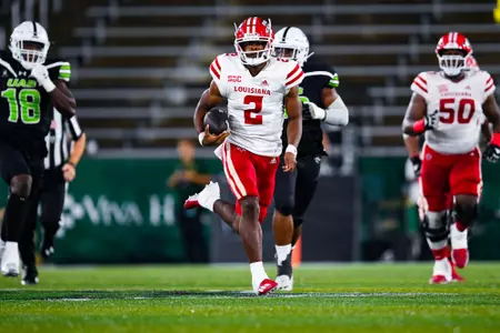 Zeon Chriss runs the ball for an 80 yard touchdown September 16, 2023 Louisiana vs University of Alabama Birmingham Football in Birmingham, AL at Protective Stadium. Final score Louisiana 41 UAB 21. Photo by Benjamin R. Massey/Ragin Cajun Athletics