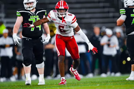 Kendre’ Gant celebrates a sack September 16, 2023 Louisiana vs University of Alabama Birmingham Football in Birmingham, AL at Protective Stadium. Final score Louisiana 41 UAB 21. Photo by Benjamin R. Massey/Ragin Cajun Athletics