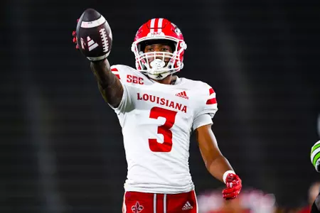 Harvey Broussard celebrates a big catch September 16, 2023 Louisiana vs University of Alabama Birmingham Football in Birmingham, AL at Protective Stadium. Final score Louisiana 41 UAB 21. Photo by Benjamin R. Massey/Ragin Cajun Athletics