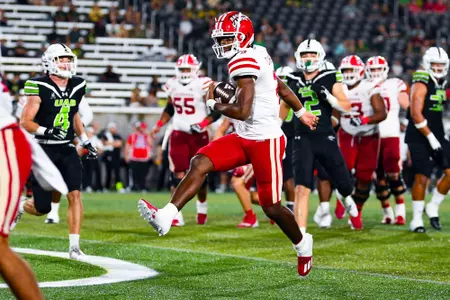 Zeon Chriss runs the ball for a touchdown September 16, 2023 Louisiana vs University of Alabama Birmingham Football in Birmingham, AL at Protective Stadium. Final score Louisiana 41 UAB 21. Photo by Benjamin R. Massey/Ragin Cajun Athletics