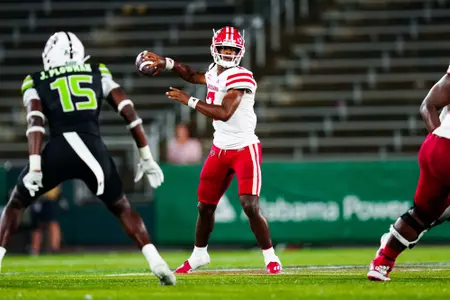 Zeon Chriss looks to throw September 16, 2023 Louisiana vs University of Alabama Birmingham Football in Birmingham, AL at Protective Stadium. Final score Louisiana 41 UAB 21. Photo by Benjamin R. Massey/Ragin Cajun Athletics