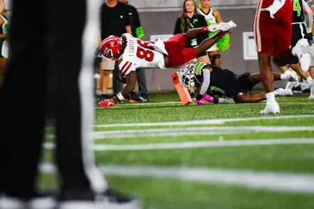 Terrance Carter dives for a touchdown September 16, 2023 Louisiana vs University of Alabama Birmingham Football in Birmingham, AL at Protective Stadium. Final score Louisiana 41 UAB 21. Photo by Benjamin R. Massey/Ragin Cajun Athletics