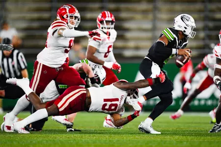 Cameron Whitfield makes a tackle for a sack September 16, 2023 Louisiana vs University of Alabama Birmingham Football in Birmingham, AL at Protective Stadium. Final score Louisiana 41 UAB 21. Photo by Benjamin R. Massey/Ragin Cajun Athletics