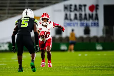 Treyv’on Culbert off the line September 16, 2023 Louisiana vs University of Alabama Birmingham Football in Birmingham, AL at Protective Stadium. Final score Louisiana 41 UAB 21. Photo by Benjamin R. Massey/Ragin Cajun Athletics