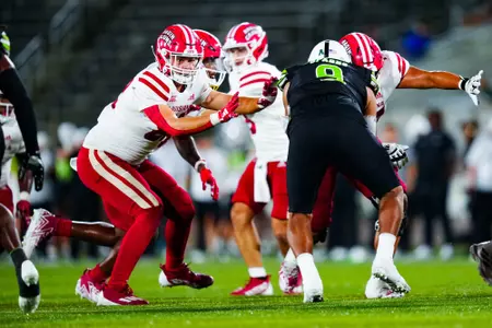 Rhett Guidry makes a block September 16, 2023 Louisiana vs University of Alabama Birmingham Football in Birmingham, AL at Protective Stadium. Final score Louisiana 41 UAB 21. Photo by Benjamin R. Massey/Ragin Cajun Athletics