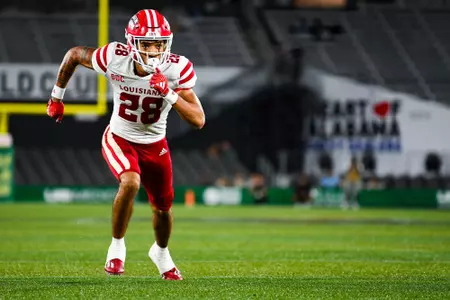 KeDarius Wade off the line September 16, 2023 Louisiana vs University of Alabama Birmingham Football in Birmingham, AL at Protective Stadium. Final score Louisiana 41 UAB 21. Photo by Benjamin R. Massey/Ragin Cajun Athletics