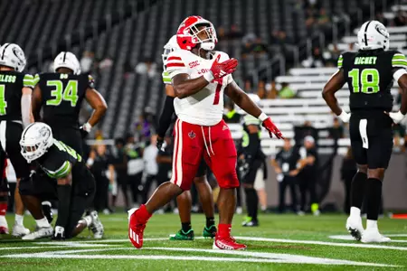 Elijah ‘Bill’ Davis celebrates first career touchdown September 16, 2023 Louisiana vs University of Alabama Birmingham Football in Birmingham, AL at Protective Stadium. Final score Louisiana 41 UAB 21. Photo by Benjamin R. Massey/Ragin Cajun Athletics