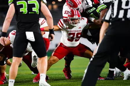 Carter Milliron on an extra point September 16, 2023 Louisiana vs University of Alabama Birmingham Football in Birmingham, AL at Protective Stadium. Final score Louisiana 41 UAB 21. Photo by Benjamin R. Massey/Ragin Cajun Athletics