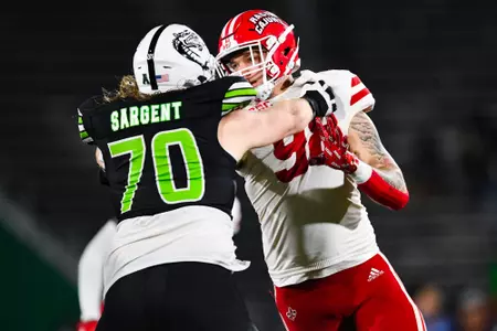 Mason Clinton makes a move September 16, 2023 Louisiana vs University of Alabama Birmingham Football in Birmingham, AL at Protective Stadium. Final score Louisiana 41 UAB 21. Photo by Benjamin R. Massey/Ragin Cajun Athletics