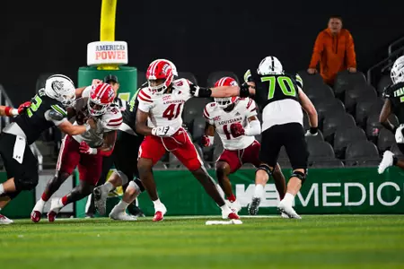 Chase Edwards makes a move September 16, 2023 Louisiana vs University of Alabama Birmingham Football in Birmingham, AL at Protective Stadium. Final score Louisiana 41 UAB 21. Photo by Benjamin R. Massey/Ragin Cajun Athletics