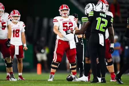 Cooper Fordham pre snap September 16, 2023 Louisiana vs University of Alabama Birmingham Football in Birmingham, AL at Protective Stadium. Final score Louisiana 41 UAB 21. Photo by Benjamin R. Massey/Ragin Cajun Athletics