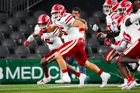 Blake Champagne makes a move September 16, 2023 Louisiana vs University of Alabama Birmingham Football in Birmingham, AL at Protective Stadium. Final score Louisiana 41 UAB 21. Photo by Benjamin R. Massey/Ragin Cajun Athletics