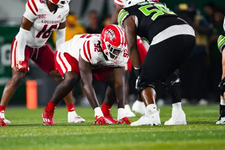 Zavion Coleman pre snap September 16, 2023 Louisiana vs University of Alabama Birmingham Football in Birmingham, AL at Protective Stadium. Final score Louisiana 41 UAB 21. Photo by Benjamin R. Massey/Ragin Cajun Athletics