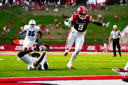 Neal Johnson after the catch September 23, 2023 Louisiana vs University of Buffalo Football in Lafayette, LA at Cajun Field. Final score Louisiana 45 Buffalo 38. Photo by Benjamin R. Massey/Ragin Cajun Athletics