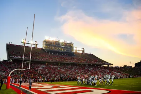 Cajun Field with sunset September 23, 2023 Louisiana vs University of Buffalo Football in Lafayette, LA at Cajun Field. Final score Louisiana 45 Buffalo 38. Photo by Benjamin R. Massey/Ragin Cajun Athletics