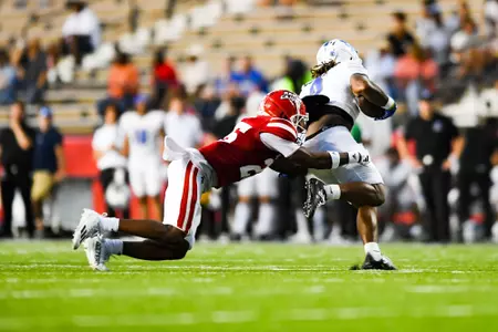 Justin Agu makes a tackle September 23, 2023 Louisiana vs University of Buffalo Football in Lafayette, LA at Cajun Field. Final score Louisiana 45 Buffalo 38. Photo by Benjamin R. Massey/Ragin Cajun Athletics