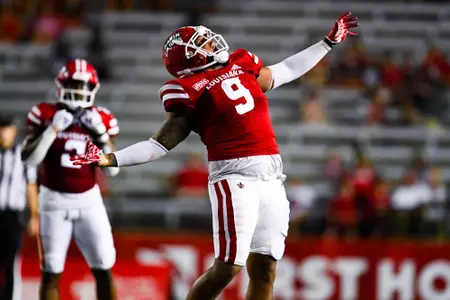 Mason Narcisse celebrates a sack September 23, 2023 Louisiana vs University of Buffalo Football in Lafayette, LA at Cajun Field. Final score Louisiana 45 Buffalo 38. Photo by Benjamin R. Massey/Ragin Cajun Athletics