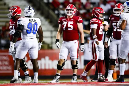 Kaden Moreau pre snap September 23, 2023 Louisiana vs University of Buffalo Football in Lafayette, LA at Cajun Field. Final score Louisiana 45 Buffalo 38. Photo by Benjamin R. Massey/Ragin Cajun Athletics