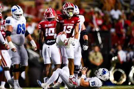 Amir McDaniel celebrates a sack September 23, 2023 Louisiana vs University of Buffalo Football in Lafayette, LA at Cajun Field. Final score Louisiana 45 Buffalo 38. Photo by Benjamin R. Massey/Ragin Cajun Athletics