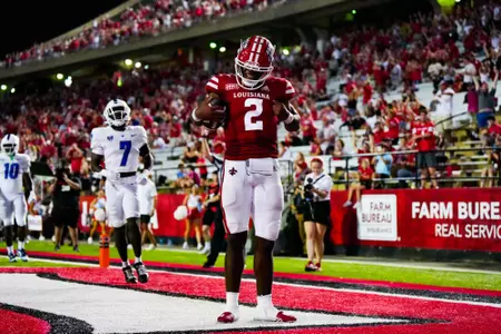 Zeon Chriss celebrates a touchdown September 23, 2023 Louisiana vs University of Buffalo Football in Lafayette, LA at Cajun Field. Final score Louisiana 45 Buffalo 38. Photo by Benjamin R. Massey/Ragin Cajun Athletics