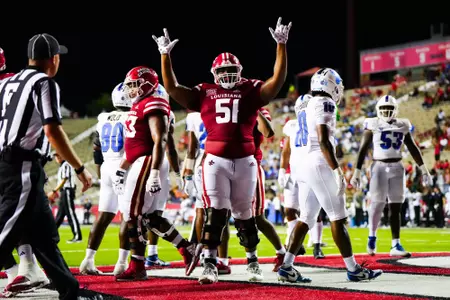 James Ohonba celebrates a touchdown September 23, 2023 Louisiana vs University of Buffalo Football in Lafayette, LA at Cajun Field. Final score Louisiana 45 Buffalo 38. Photo by Benjamin R. Massey/Ragin Cajun Athletics