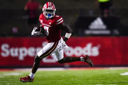 Jacob Kibodi after the catch September 23, 2023 Louisiana vs University of Buffalo Football in Lafayette, LA at Cajun Field. Final score Louisiana 45 Buffalo 38. Photo by Benjamin R. Massey/Ragin Cajun Athletics