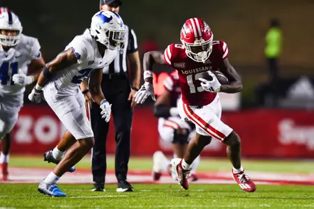 Charles Robertson after the catch September 23, 2023 Louisiana vs University of Buffalo Football in Lafayette, LA at Cajun Field. Final score Louisiana 45 Buffalo 38. Photo by Benjamin R. Massey/Ragin Cajun Athletics