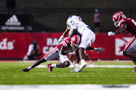 Patrick Mensah makes a tackle September 23, 2023 Louisiana vs University of Buffalo Football in Lafayette, LA at Cajun Field. Final score Louisiana 45 Buffalo 38. Photo by Benjamin R. Massey/Ragin Cajun Athletics