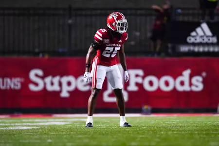 Glenn Brown pre snap September 23, 2023 Louisiana vs University of Buffalo Football in Lafayette, LA at Cajun Field. Final score Louisiana 45 Buffalo 38. Photo by Benjamin R. Massey/Ragin Cajun Athletics