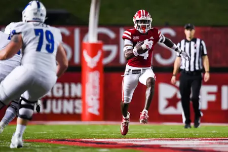 Tyree Skipper catches an interception to seal the game September 23, 2023 Louisiana vs University of Buffalo Football in Lafayette, LA at Cajun Field. Final score Louisiana 45 Buffalo 38. Photo by Benjamin R. Massey/Ragin Cajun Athletics
