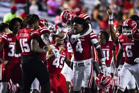 Tyree Skipper celebrate making the game saving interception September 23, 2023 Louisiana vs University of Buffalo Football in Lafayette, LA at Cajun Field. Final score Louisiana 45 Buffalo 38. Photo by Benjamin R. Massey/Ragin Cajun Athletics