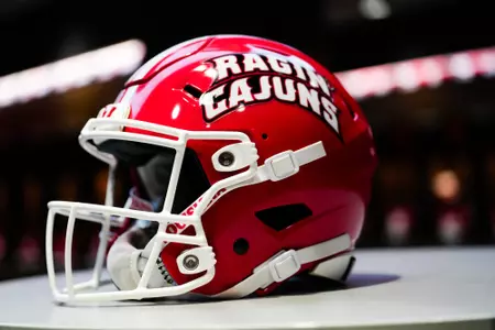 Helmet in locker room September 2, 2023 Louisiana vs Northwestern State Football in Lafayette, LA at Cajun Field. Final score Louisiana 38 NSU 13. Photo by Benjamin R. Massey/Ragin Cajun Athletics