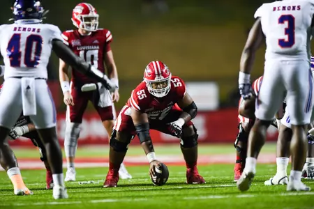 Landon Burton pre snap September 2, 2023 Louisiana vs Northwestern State Football in Lafayette, LA at Cajun Field. Final score Louisiana 38 NSU 13. Photo by Benjamin R. Massey/Ragin Cajun Athletics