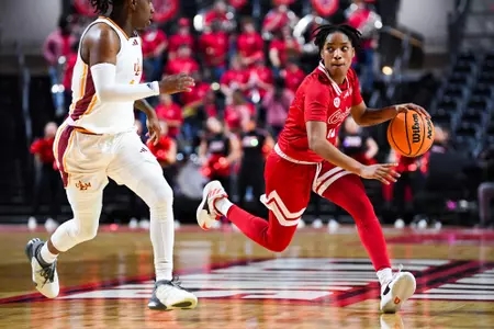 Tamiah Robinson dribbles January 18, 2024 Louisiana vs Louisiana-Monroe Women's Basketball in Lafayette, LA at the Cajundome. Final score Louisiana 59 ULM 65. Photo by Benjamin R. Massey/Ragin Cajun Athletics