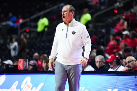 Bob Marlin on the sideline January 6, 2024 Louisiana vs Coastal Carolina Men's Basketball in Lafayette, LA at the Cajundome. Final score Louisiana 85 Coastal Carolina 77. Photo by Benjamin R. Massey/Ragin Cajun Athletics