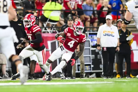 Tyree Skipper runs an interception October 12, 2024 Louisiana vs Appalachian State Football in Lafayette, LA at Cajun Field. Final score Louisiana 34 App State 24. Photo by Benjamin R. Massey/Ragin’ Cajun Athletics