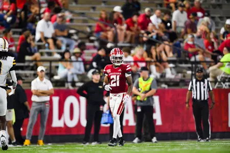 Keyon Martin pre snap October 12, 2024 Louisiana vs Appalachian State Football in Lafayette, LA at Cajun Field. Final score Louisiana 34 App State 24. Photo by Benjamin R. Massey/Ragin’ Cajun Athletics