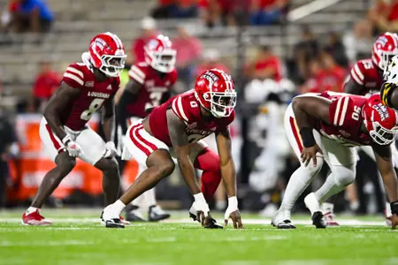 Jordan Lawson pre snap October 12, 2024 Louisiana vs Appalachian State Football in Lafayette, LA at Cajun Field. Final score Louisiana 34 App State 24. Photo by Benjamin R. Massey/Ragin’ Cajun Athletics