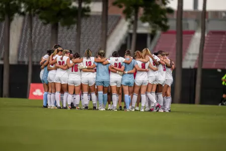 Team huddle September 22, 2024 Louisiana Women's Soccer vs Texas State in Lafayette, LA at Home Bank Track and Soccer Complex. Final Score Louisiana 1 TXST 1. Photo by Heather Williams/Ragin Cajun Athletics