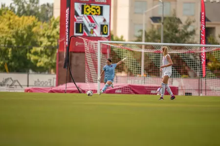 Natalie Mayes goal kick September 22, 2024 Louisiana Women's Soccer vs Texas State in Lafayette, LA at Home Bank Track and Soccer Complex. Final Score Louisiana 1 TXST 1. Photo by Heather Williams/Ragin Cajun Athletics
