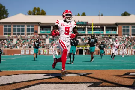 Lance LeGendre touchdown catch October 19, 2024 Louisiana @ Coastal Carolina Football in Conway, SC at Brooks Stadium. Final score Louisiana 34 CCU 24. Photo by Benjamin R. Massey/Ragin’ Cajun Athletics