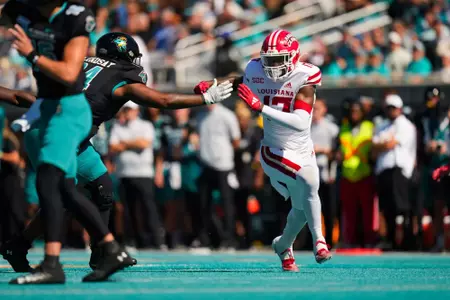 Ashley Williams Jr. makes a move October 19, 2024 Louisiana @ Coastal Carolina Football in Conway, SC at Brooks Stadium. Final score Louisiana 34 CCU 24. Photo by Benjamin R. Massey/Ragin’ Cajun Athletics
