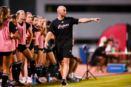 Chris McBride on the sideline September 26, 2024 Louisiana Women's Soccer vs Appalachian State in Lafayette, LA at Home Bank Track and Soccer Complex. Final Score Louisiana 0 App State 1. Photo by Benjamin R. Massey/Ragin Cajun Athletics