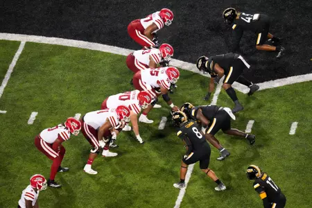 Terrance Carter, George Jackson, Jax Harrington, Landon Burton, AJ Gillie, and King McGowen line up on offensive line pre snap October 5, 2024 Louisiana @ Southern Miss Football in Hattiesburg, MS at M.M. Roberts Stadium. Final score Louisiana 23 USM 13. Photo by Benjamin R. Massey/Ragin’ Cajun Athletics