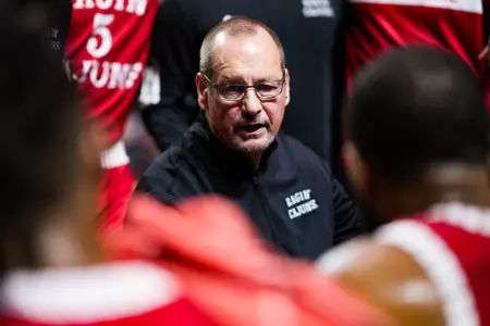 Bob Marlin speaks in the time out huddle November 11, 2024 Louisiana vs Kent State Men's Basketball in Lafayette, LA at the Cajundome. Final score Louisiana 66 Kent State 70. Photo by Benjamin R. Massey/Ragin’ Cajun Athletics