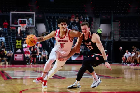 Mostapha El Moutaouakkil dribbles November 7, 2024 Louisiana vs UT-Dallas Men's Basketball in Lafayette, LA at the Cajundome. Final score Louisiana 82 UTD 65. Photo by JC Orillion/Ragin’ Cajuns Athletics